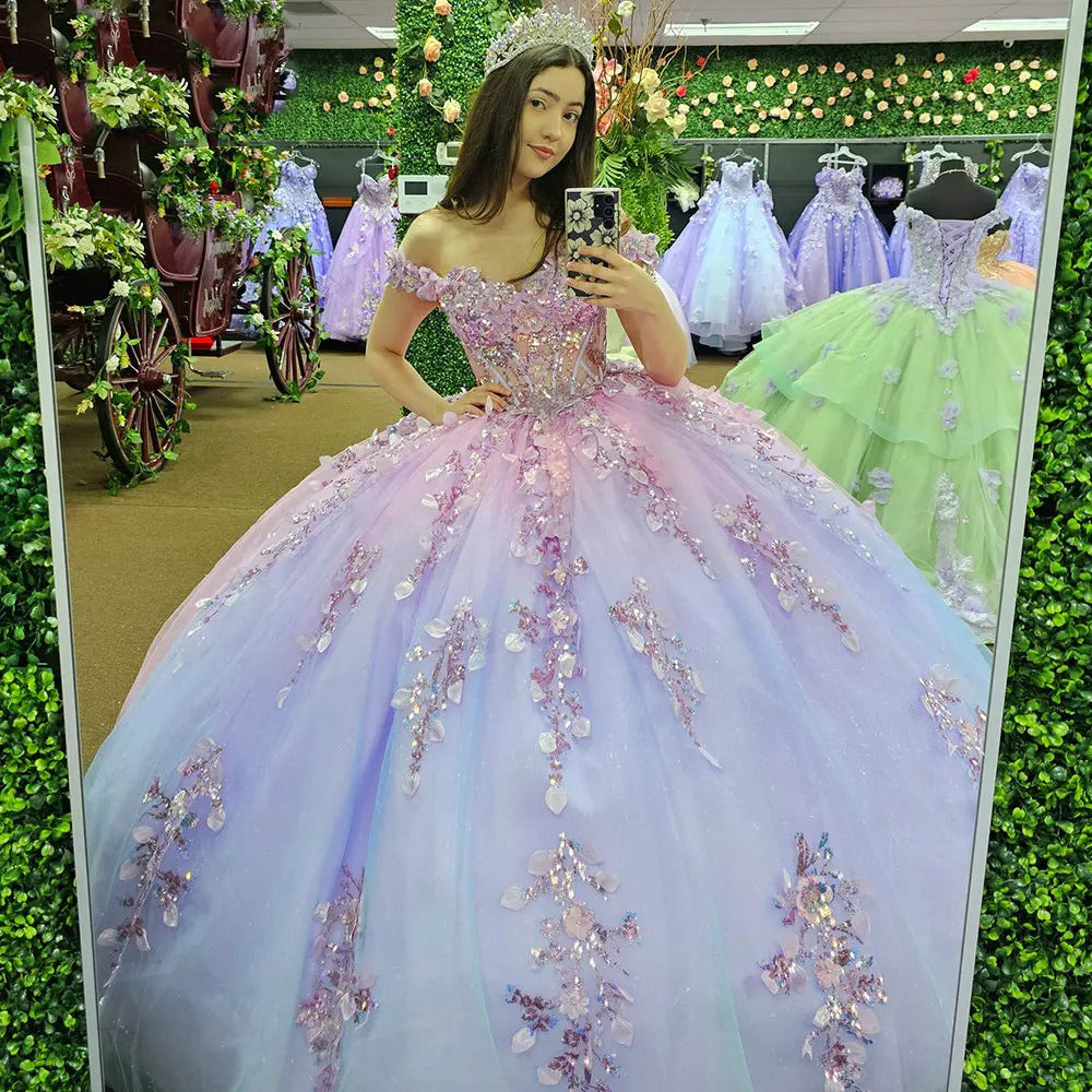 Sparkly Ball Gown Off Shoulder Appliques Beaded Tulle Princess Prom Party Gown Quinceanera Dresses For Sweet 16 Dress