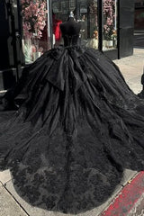 Sparkly Ball Gown Sweetheart Neck Beaded Sequins Appliques Lace Up Bow Knot Sweep Train Black Tulle Quinceanera Dress Formal Evening Party Gown For Sweet 16