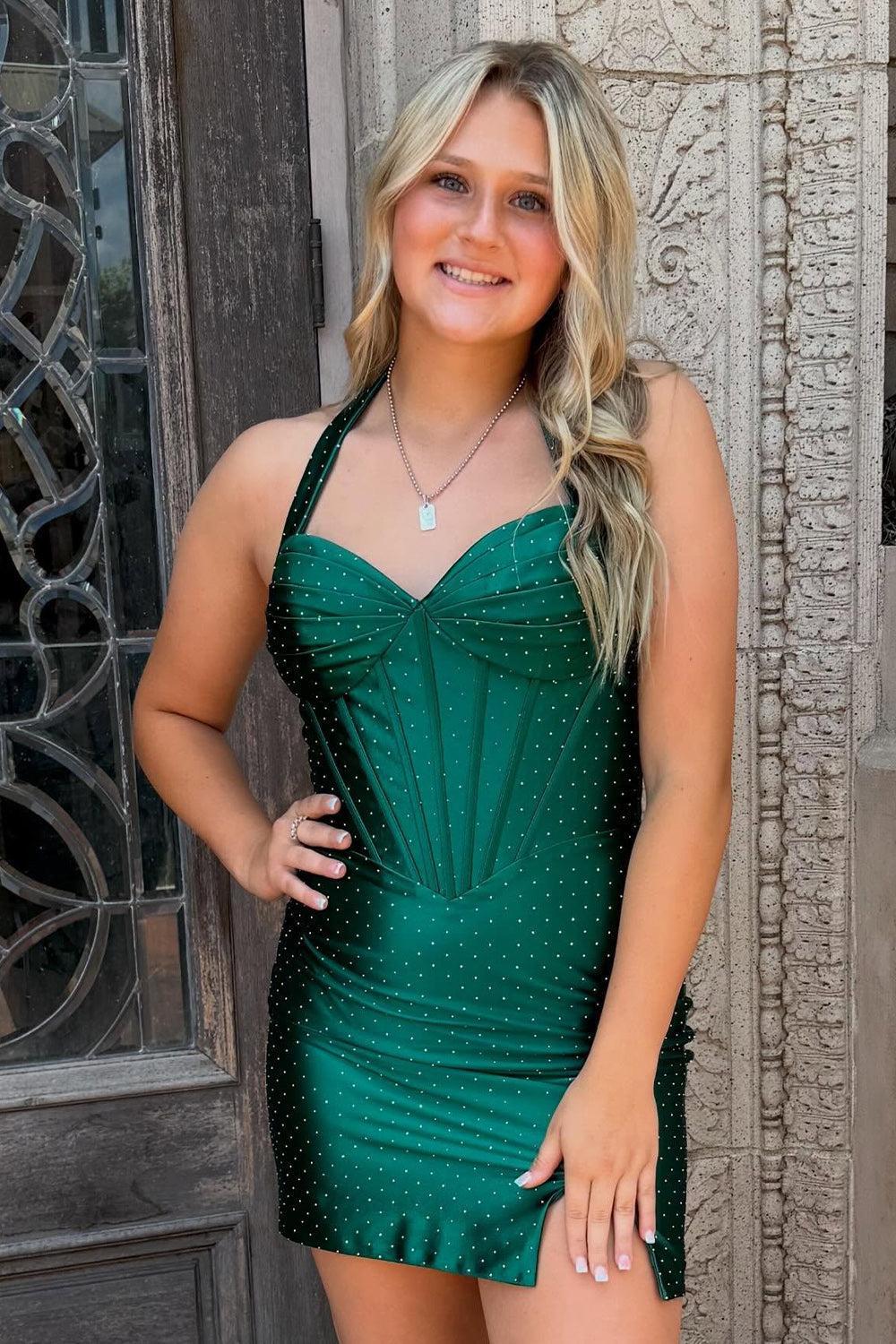 Sparkly Beaded Dark Green Corset Bodycon Halter Short Homecoming Dress