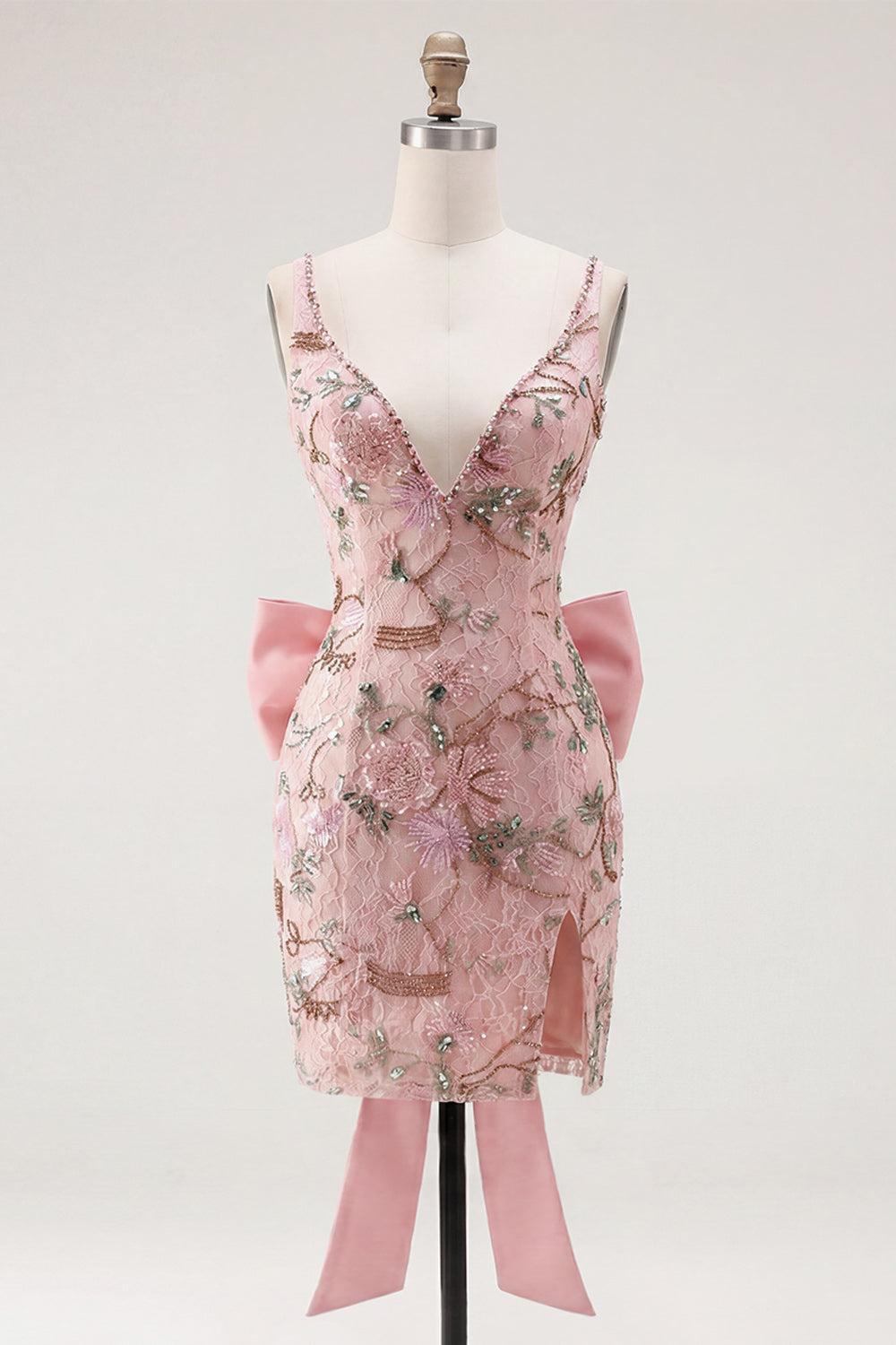 Sparkly Beaded Pink Floral Tight Short V-Neck Homecoming Dress with Bow