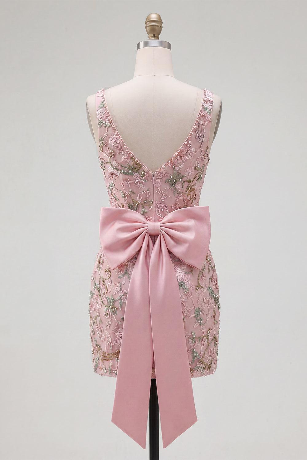 Sparkly Beaded Pink Floral Tight Short V-Neck Homecoming Dress with Bow