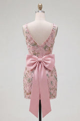 Sparkly Beaded Pink Floral Tight Short V-Neck Homecoming Dress with Bow