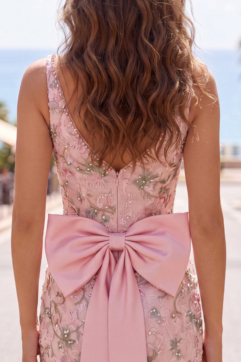 Sparkly Beaded Pink Floral Tight Short V-Neck Homecoming Dress with Bow