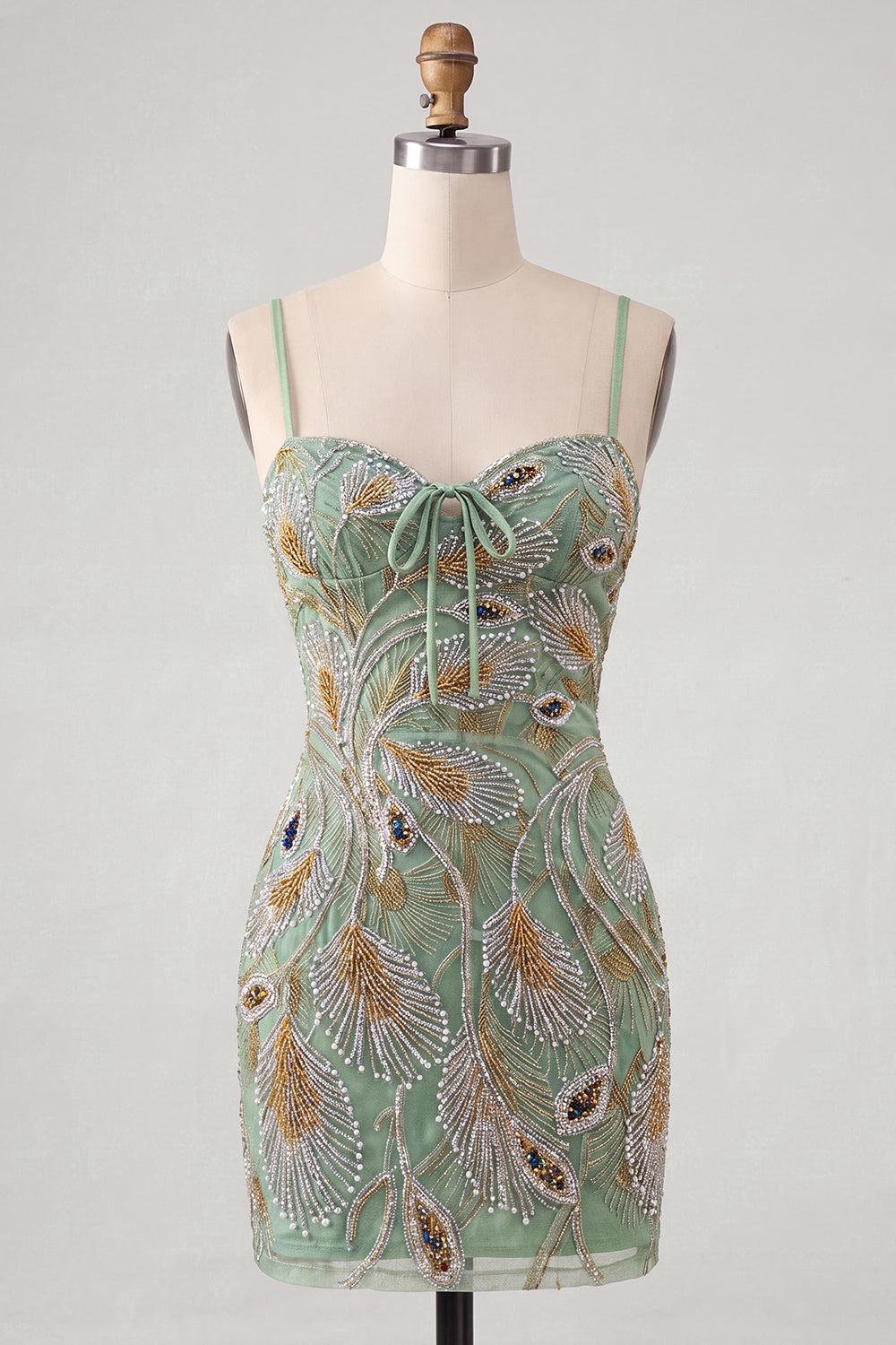 Sparkly Beaded Sage Green Tight Short Homecoming Dress with Bow