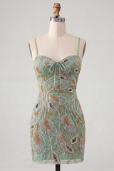 Sparkly Beaded Sage Green Tight Short Homecoming Dress with Bow