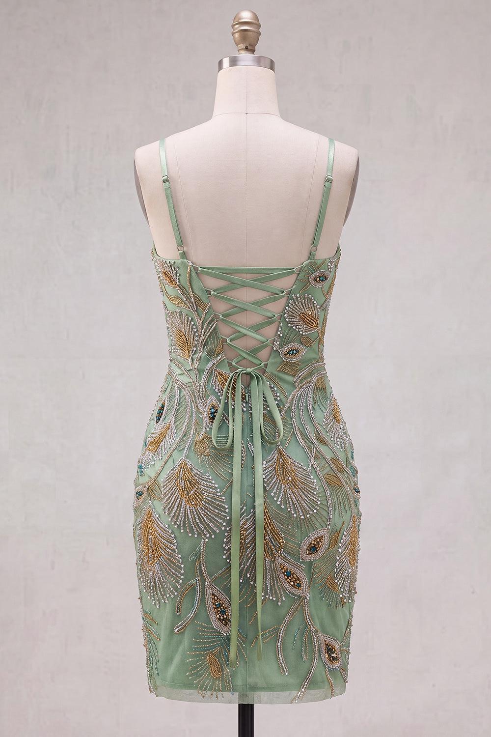 Sparkly Beaded Sage Green Tight Short Homecoming Dress with Bow