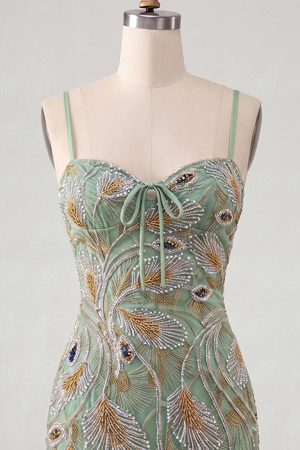 Sparkly Beaded Sage Green Tight Short Homecoming Dress with Bow