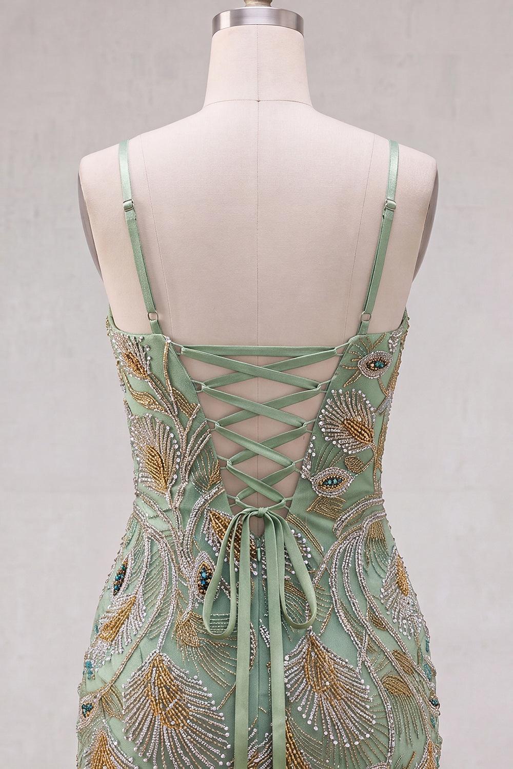 Sparkly Beaded Sage Green Tight Short Homecoming Dress with Bow