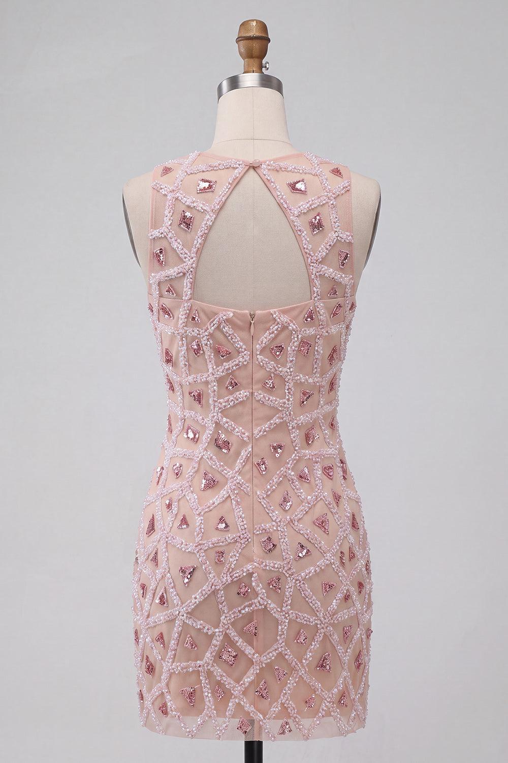 Sparkly Beaded Sequin Blush Round Neck Tight Short Homecoming Dress