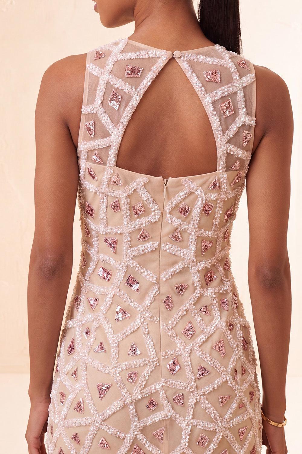 Sparkly Beaded Sequin Blush Round Neck Tight Short Homecoming Dress