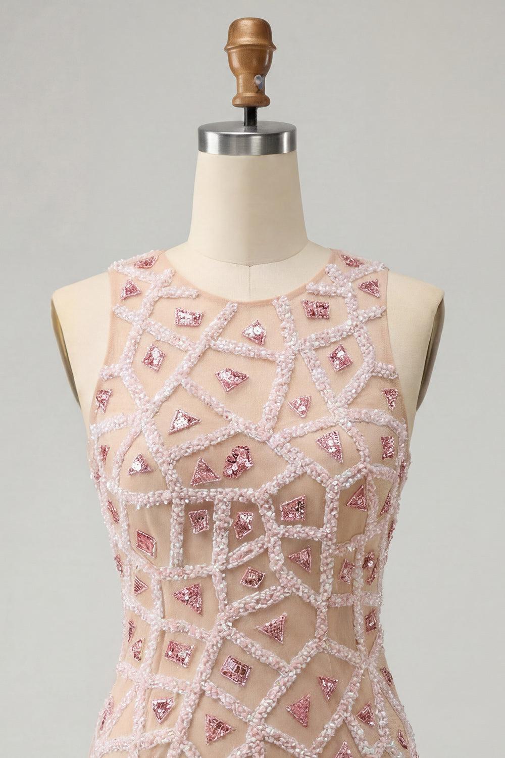 Sparkly Beaded Sequin Blush Round Neck Tight Short Homecoming Dress