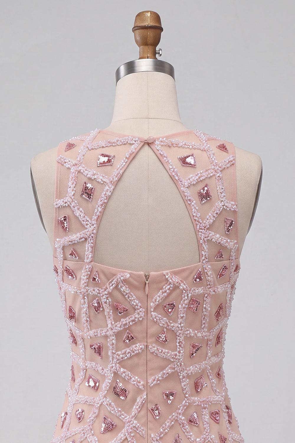Sparkly Beaded Sequin Blush Round Neck Tight Short Homecoming Dress