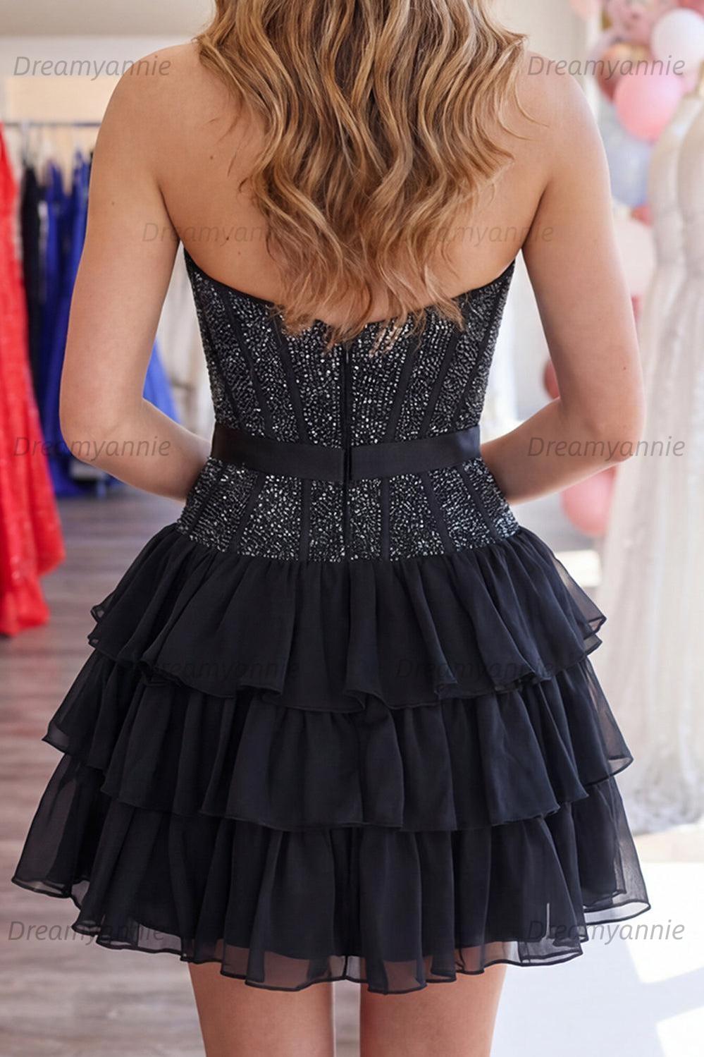 Tiered Strapless Corset Homecoming Dress Sleeveless Short Cocktail Dress with Bowknot