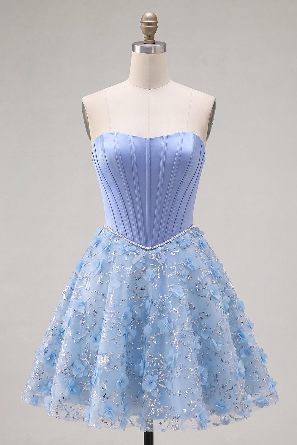 Sparkly Blue A Line Short Strapless Corset Floral Beaded Homecoming Dress