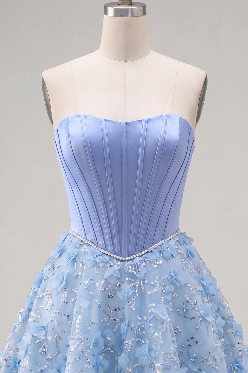 Sparkly Blue A Line Short Strapless Corset Floral Beaded Homecoming Dress