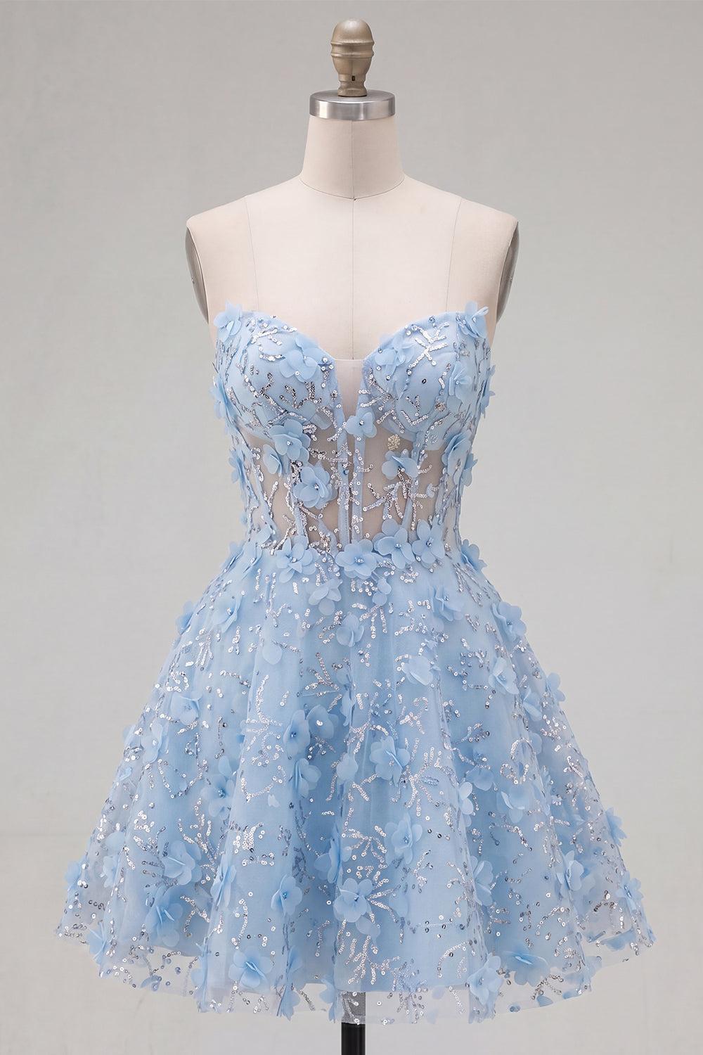 Sparkly Blue Short A Line Corset Floral Strapless Homecoming Dress with Beading