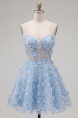 Sparkly Blue Short A Line Corset Floral Strapless Homecoming Dress with Beading