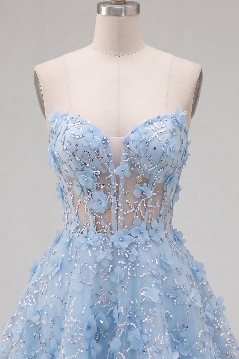 Sparkly Blue Short A Line Corset Floral Strapless Homecoming Dress with Beading