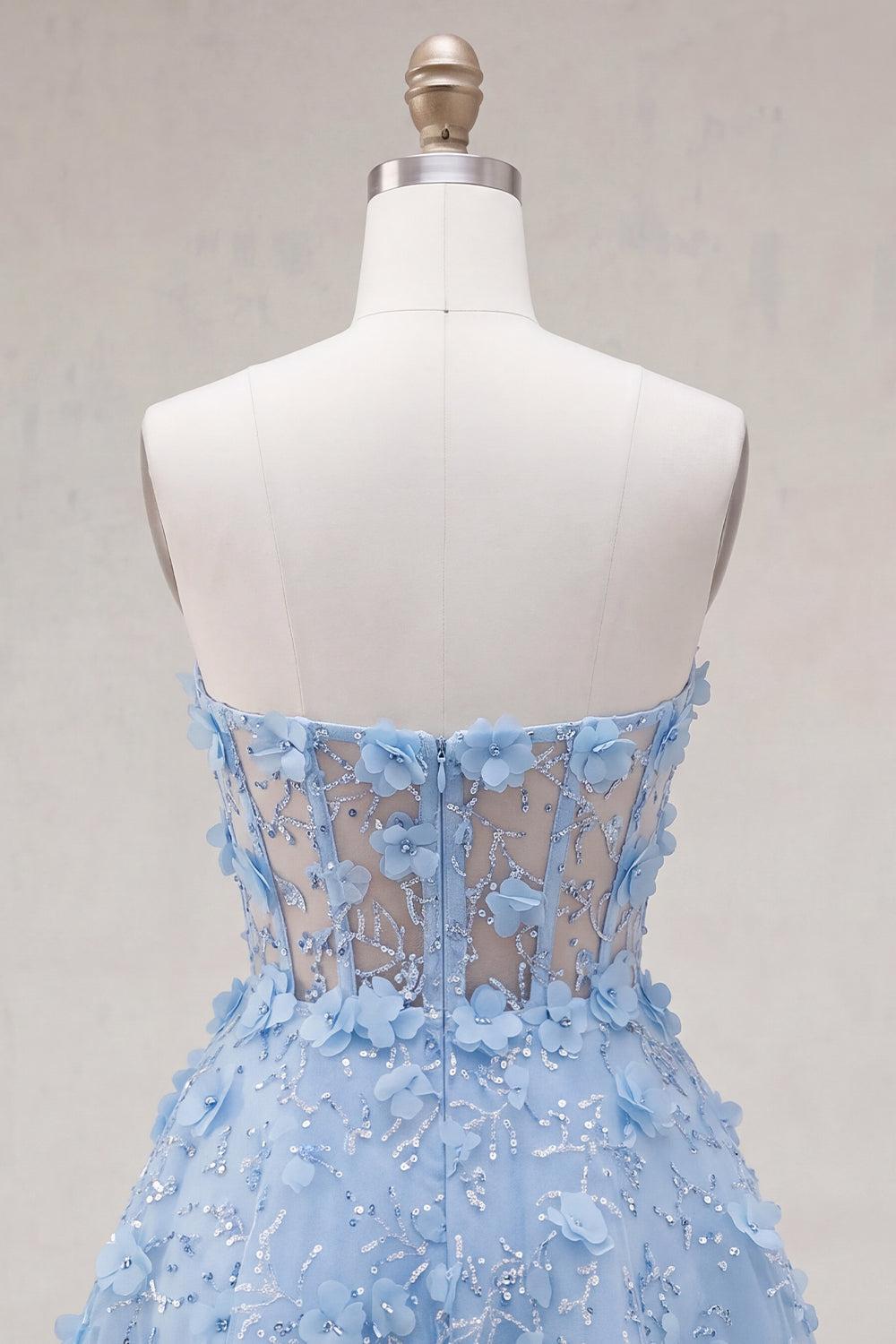 Sparkly Blue Short A Line Corset Floral Strapless Homecoming Dress with Beading