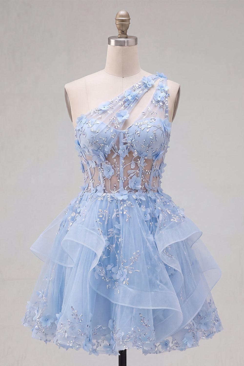Sparkly Blue Short Beaded Keyhole Corset Floral A Line Homecoming Dress with Ruffles