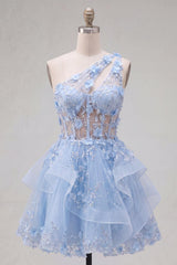 Sparkly Blue Short Beaded Keyhole Corset Floral A Line Homecoming Dress with Ruffles