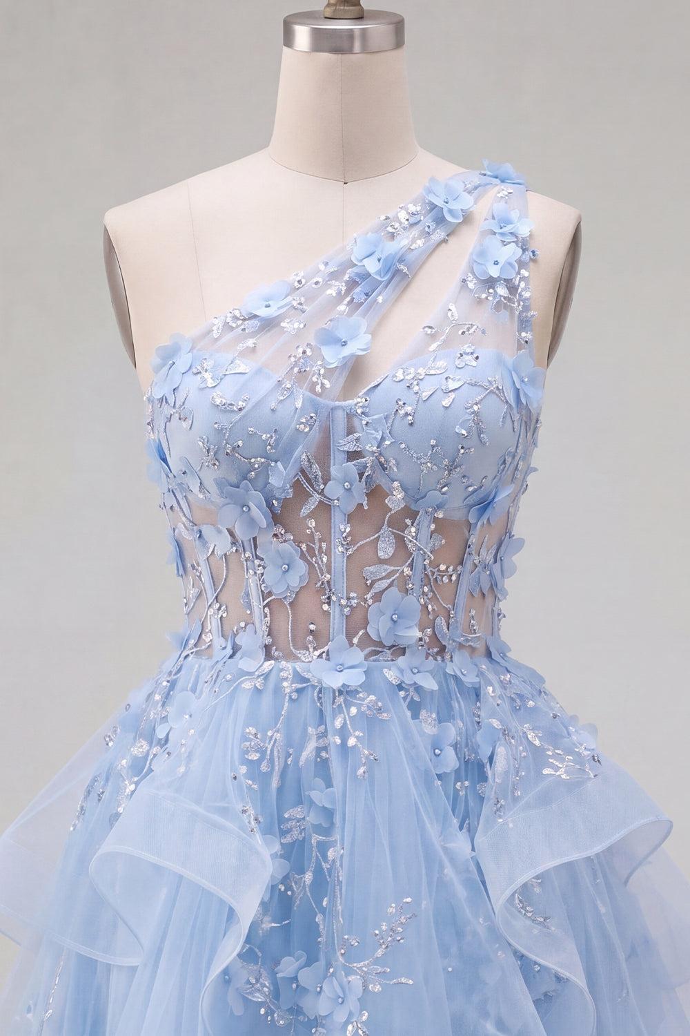 Sparkly Blue Short Beaded Keyhole Corset Floral A Line Homecoming Dress with Ruffles