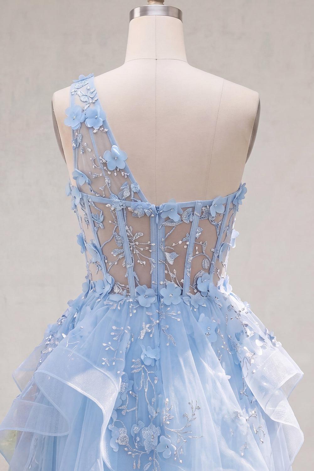 Sparkly Blue Short Beaded Keyhole Corset Floral A Line Homecoming Dress with Ruffles