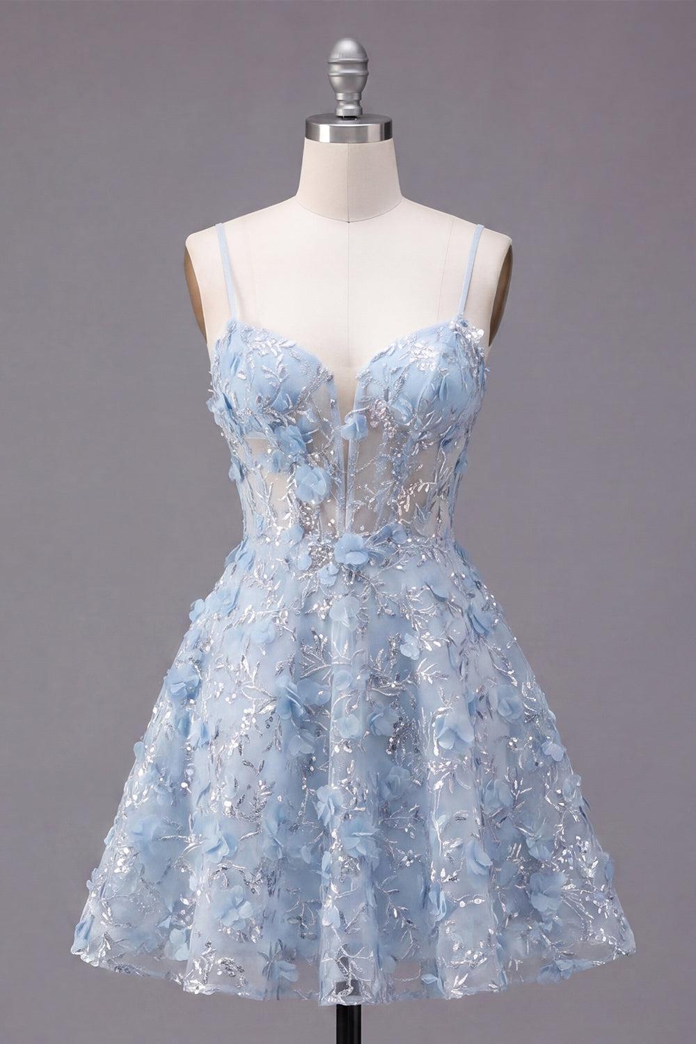 Sparkly Blue Short Sequin Spaghetti Straps Floral A Line Corset Homecoming Dress