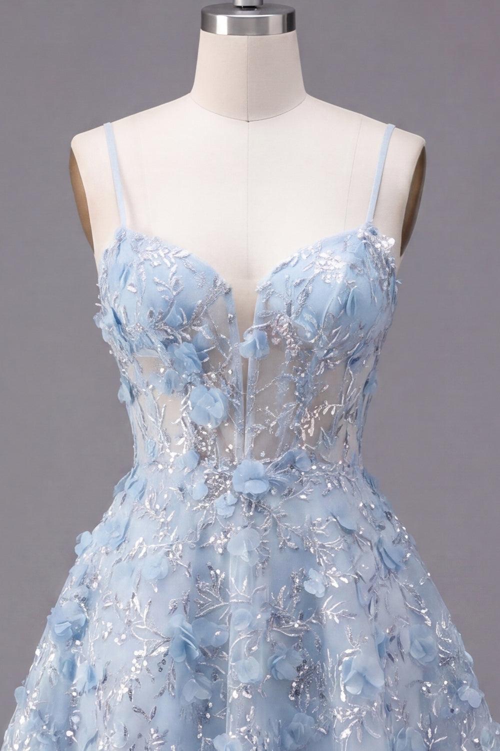 Sparkly Blue Short Sequin Spaghetti Straps Floral A Line Corset Homecoming Dress