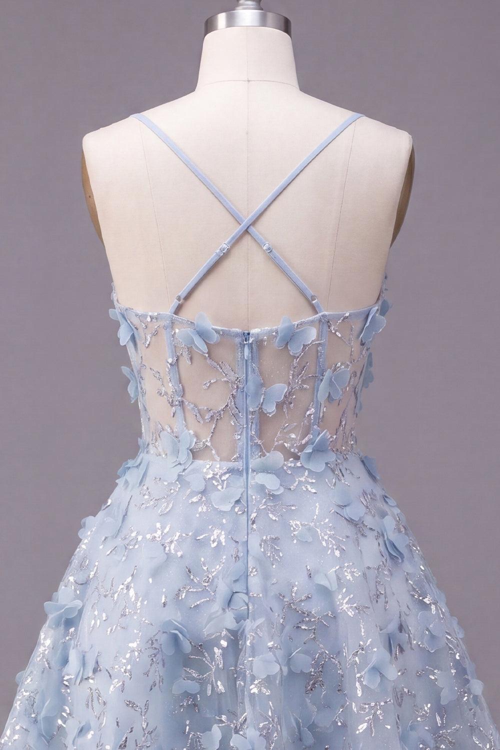 Sparkly Blue Short Sequin Spaghetti Straps Floral A Line Corset Homecoming Dress