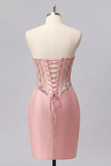 Sparkly Blush Basque Waist Beaded Ruched Corset Tight Short Homecoming Dress