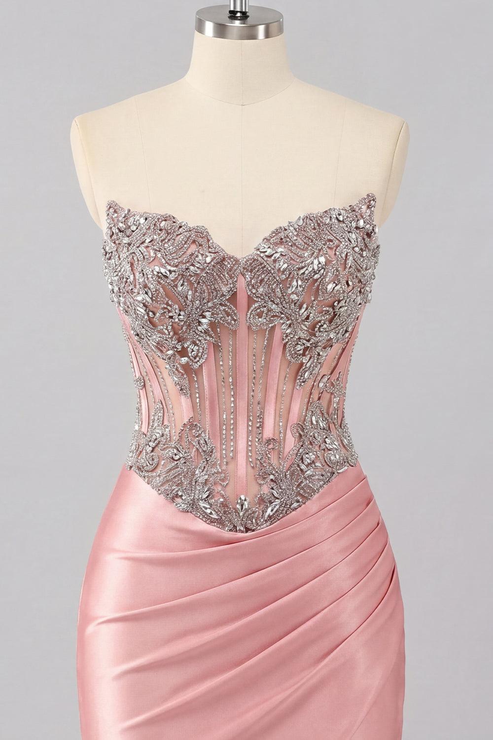 Sparkly Blush Basque Waist Beaded Ruched Corset Tight Short Homecoming Dress