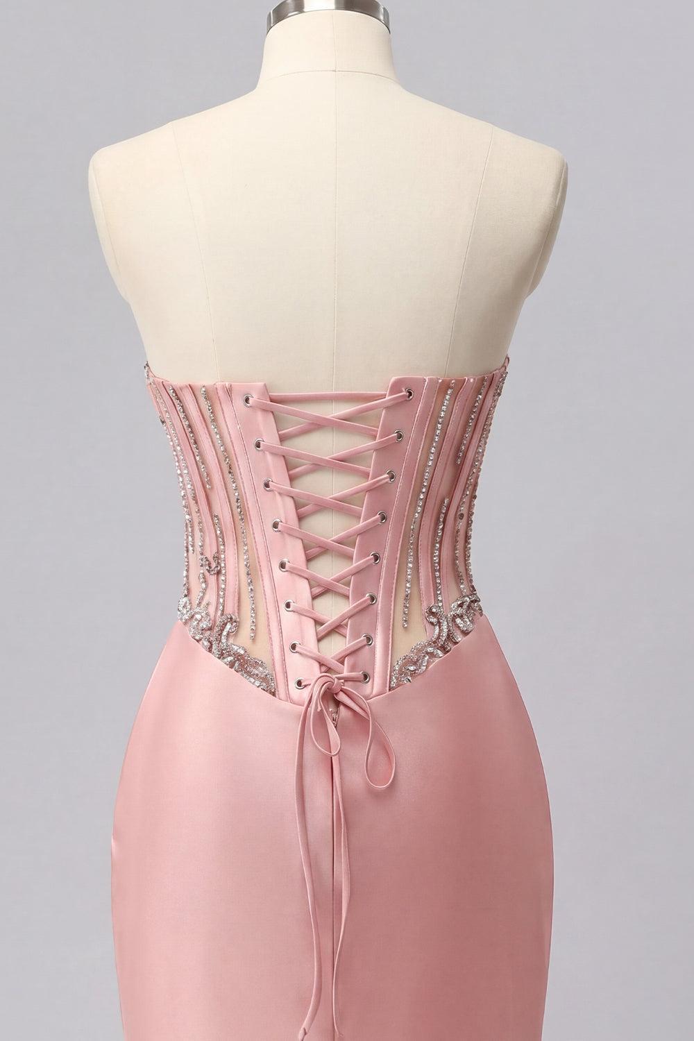 Sparkly Blush Basque Waist Beaded Ruched Corset Tight Short Homecoming Dress