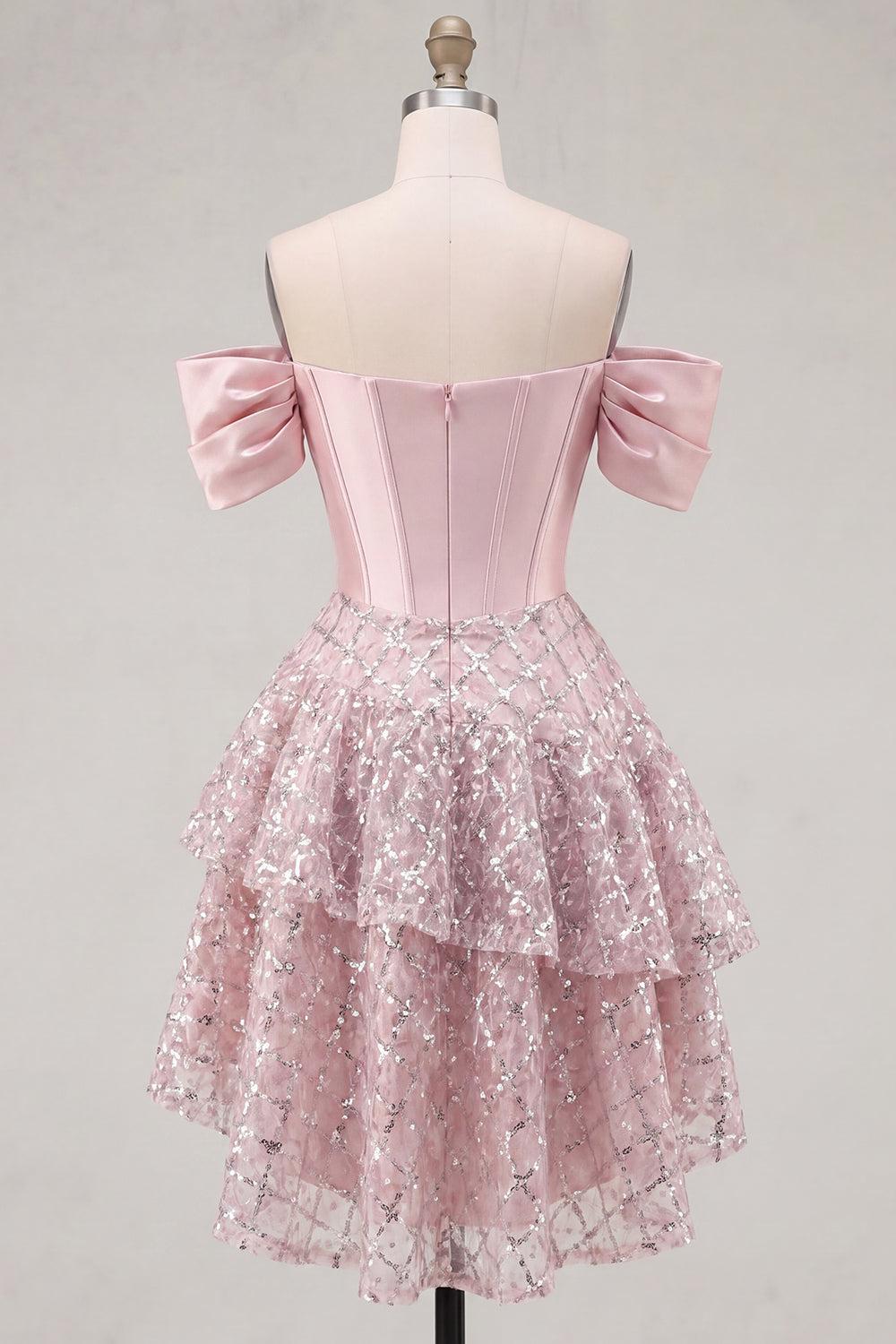 Sparkly Blush Beaded Corset A-Line Short Homecoming Dress with Ruffles