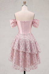Sparkly Blush Beaded Corset A-Line Short Homecoming Dress with Ruffles