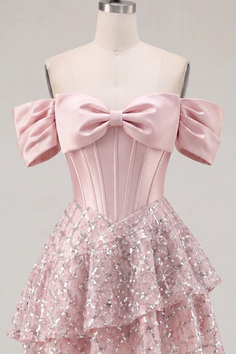 Sparkly Blush Beaded Corset A-Line Short Homecoming Dress with Ruffles