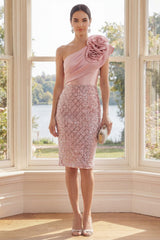 Sparkly Blush One Shoulder Sequin Bodycon Knee-Length Homecoming Dress with 3D Flowers