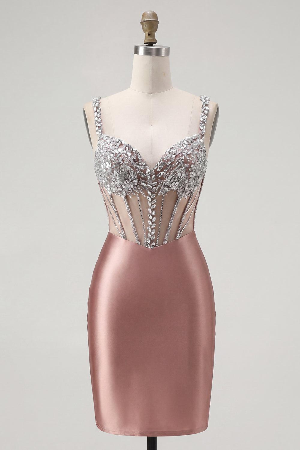 Sparkly Blush Spaghetti Straps Beaded Corset Tight Short Homecoming Dress