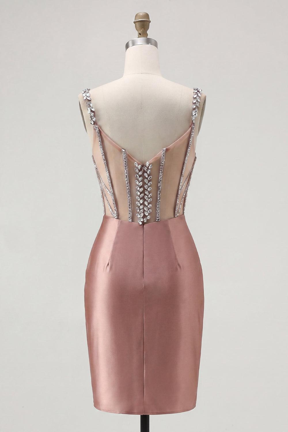 Sparkly Blush Spaghetti Straps Beaded Corset Tight Short Homecoming Dress