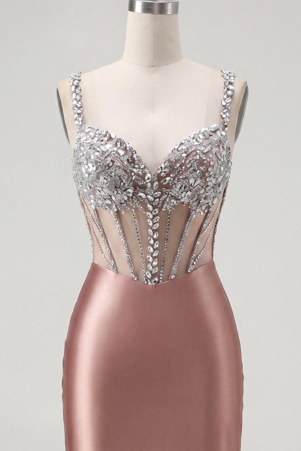 Sparkly Blush Spaghetti Straps Beaded Corset Tight Short Homecoming Dress