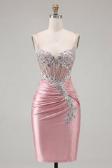 Sparkly Blush Spaghetti Straps Beaded Tight Corset Short Homecoming Dress