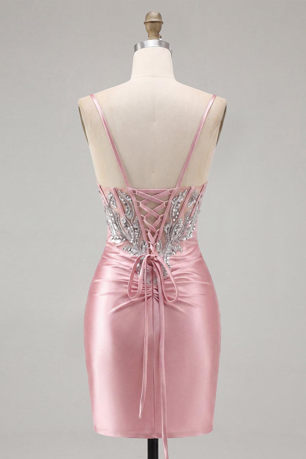 Sparkly Blush Spaghetti Straps Beaded Tight Corset Short Homecoming Dress