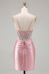 Sparkly Blush Spaghetti Straps Beaded Tight Corset Short Homecoming Dress