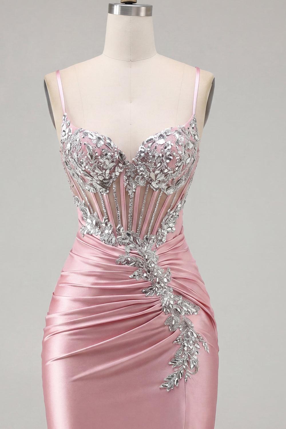 Sparkly Blush Spaghetti Straps Beaded Tight Corset Short Homecoming Dress