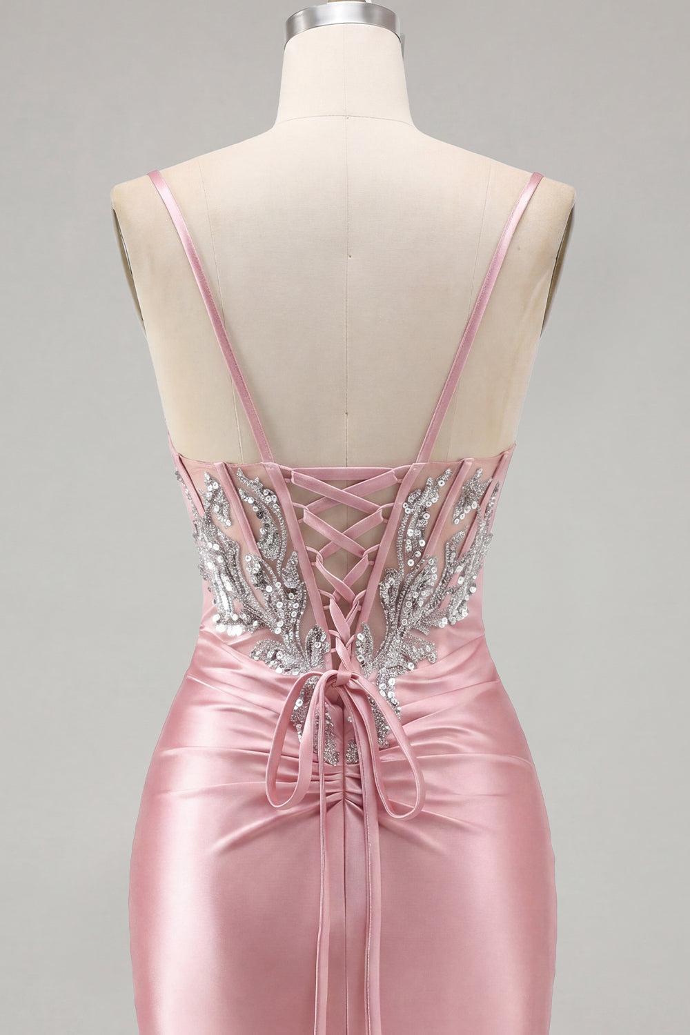 Sparkly Blush Spaghetti Straps Beaded Tight Corset Short Homecoming Dress