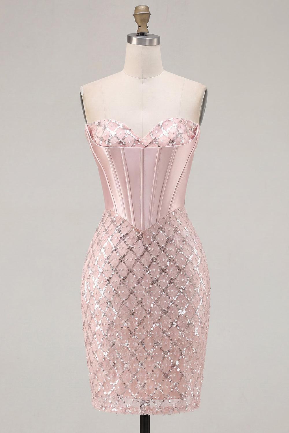 Sparkly Blush Strapless Beaded Corset Tight Short Homecoming Dress