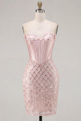 Sparkly Blush Strapless Beaded Corset Tight Short Homecoming Dress