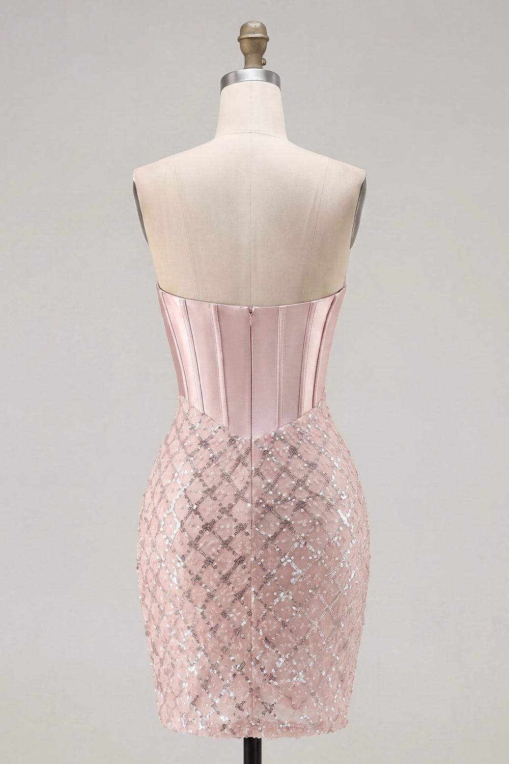 Sparkly Blush Strapless Beaded Corset Tight Short Homecoming Dress