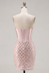 Sparkly Blush Strapless Beaded Corset Tight Short Homecoming Dress