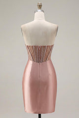 Sparkly Blush Corset Tight Short Strapless Ruched Homecoming Dress with Slit